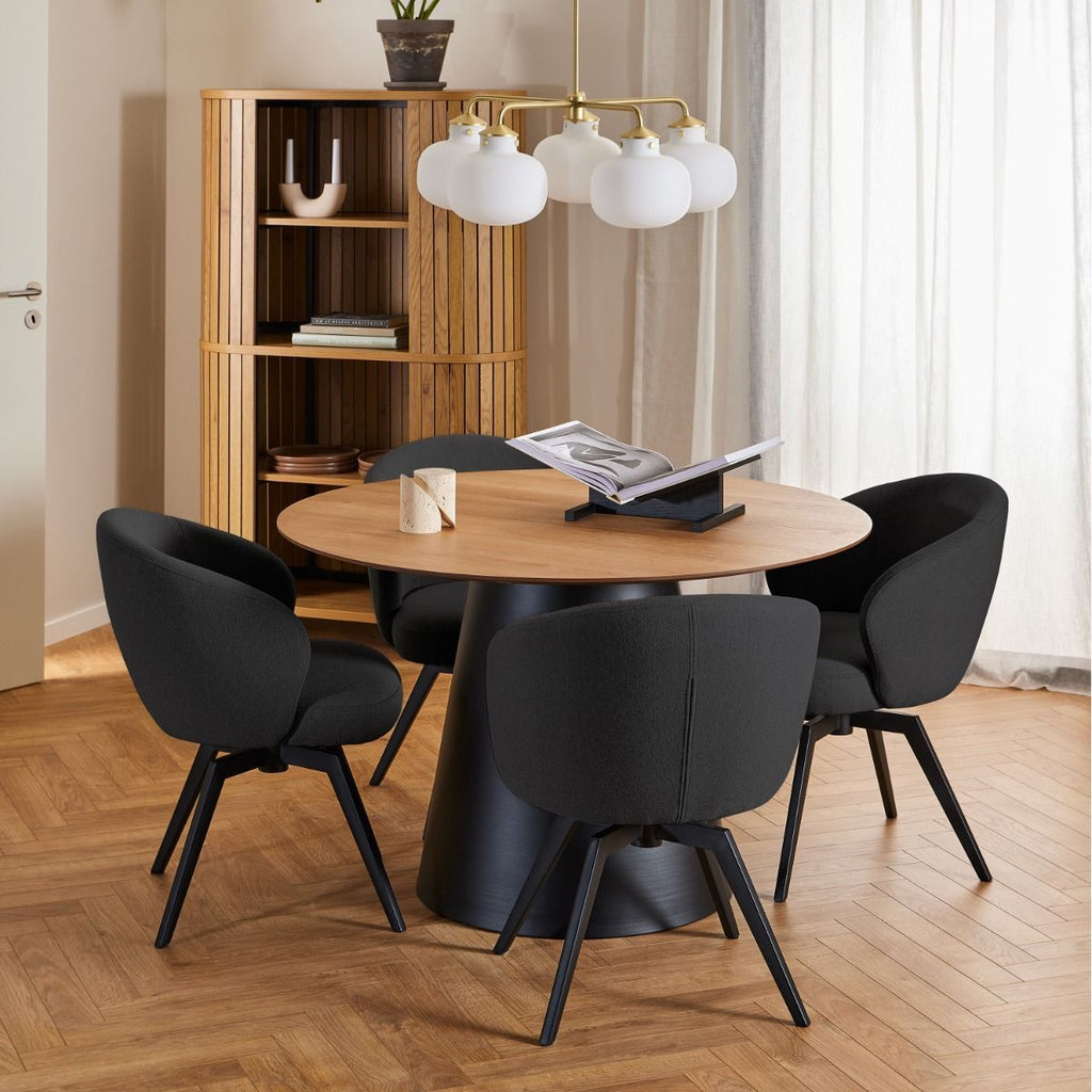 Soli Round Dining Table in Oak/Black 120x75cm includes 4 Darlene Dining Chair includes Armrest and Swivel Function in Black