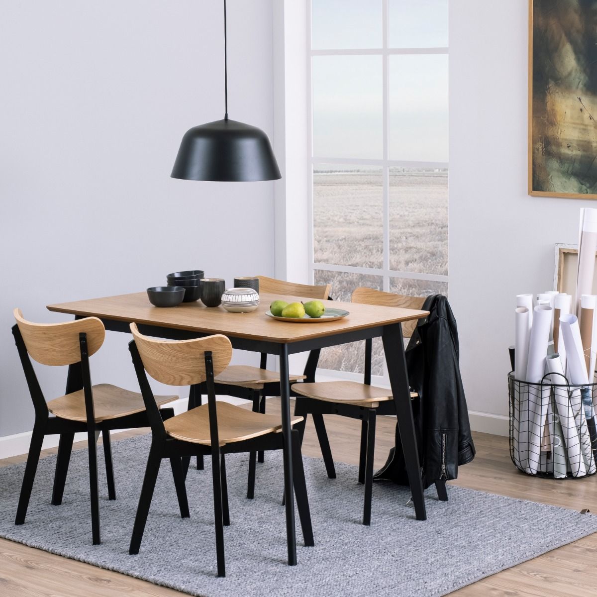 Roxby Dining Table in Oak & Black includes 4 Roxby Dining Chairs in Black and Oak