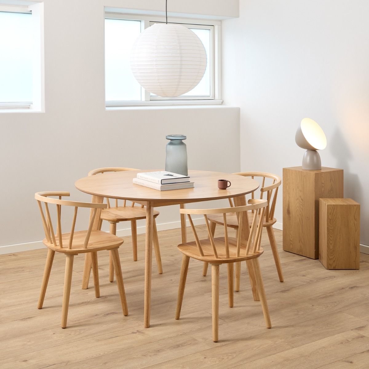 Nagano Round Dining Table in Oak includes 4 Ida Dining Chair in Oak