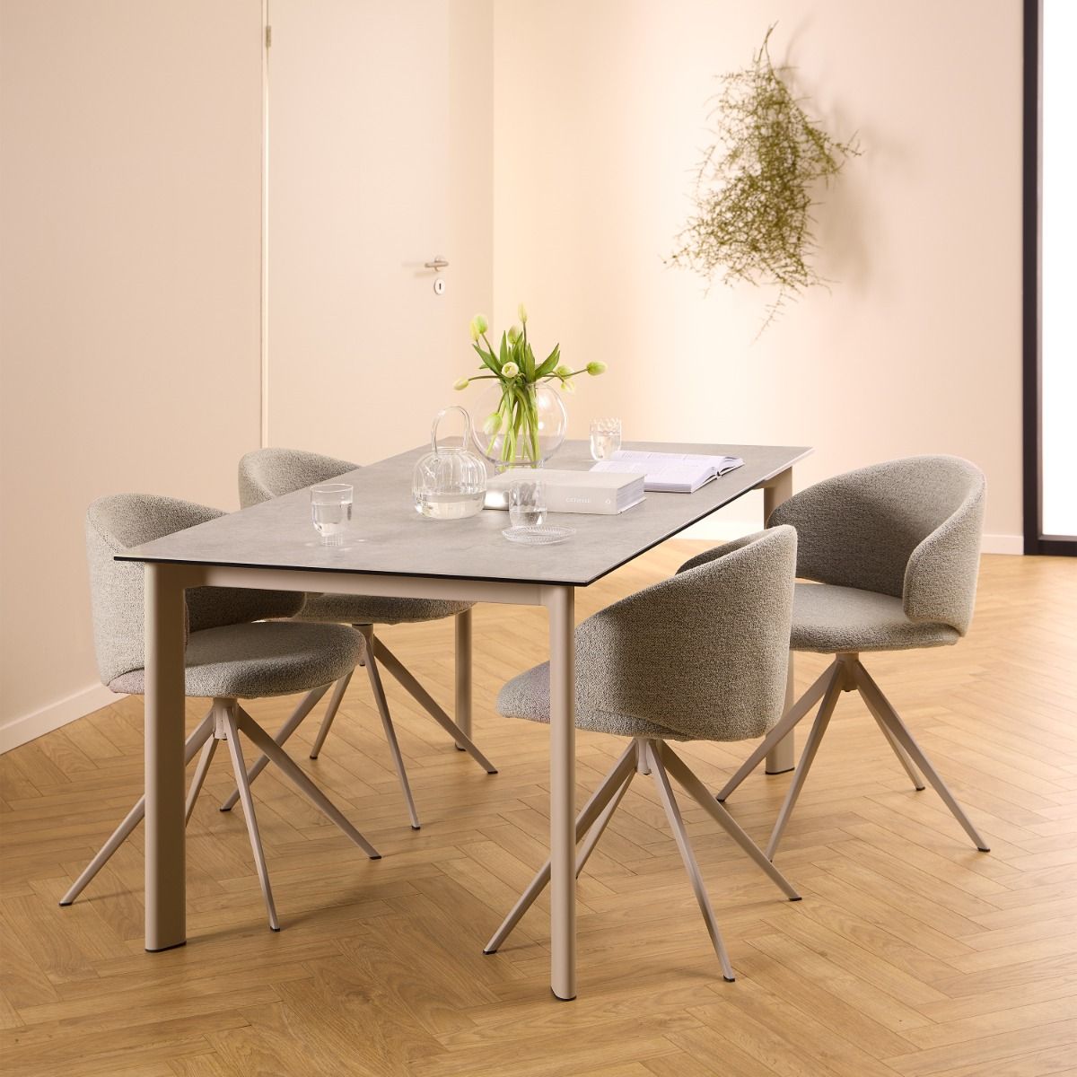 Palermo Ceramic Dining Table in Grey 160x75cm includes 4 Ella Swivel Beige Dining Chair
