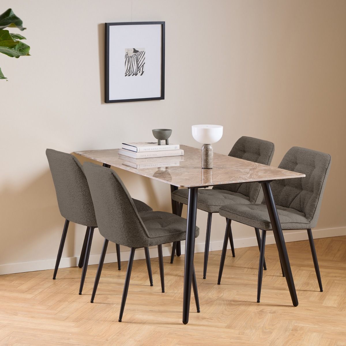 Wicklow Ceramic Dining Table Brown/Black 140x75cm includes 4 Brooke Dining Chair in Taupe