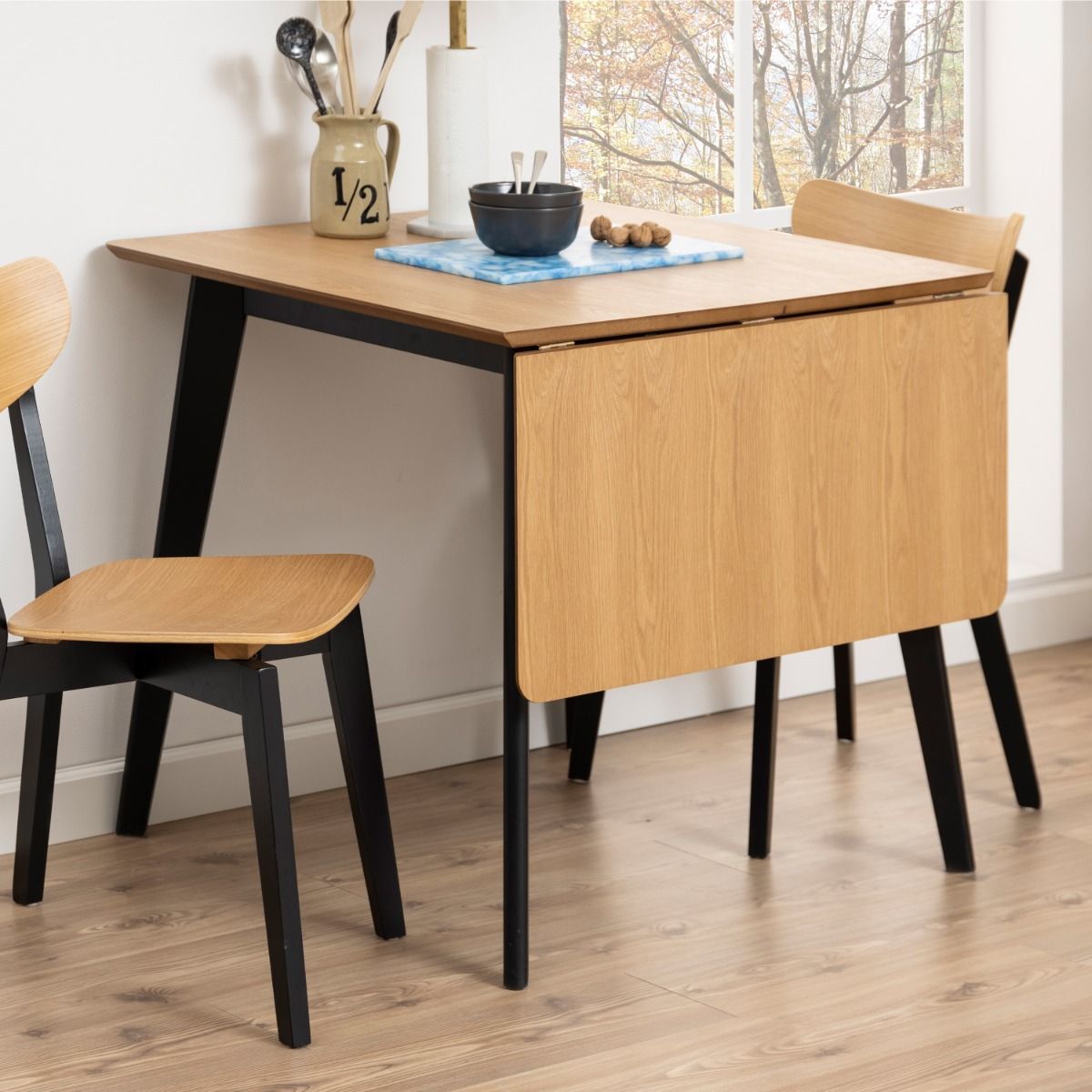 Roxby Extending Dining Table 80-120cm in Oak & Black Includes 4 Roxby Dining Chairs in Black and Oak
