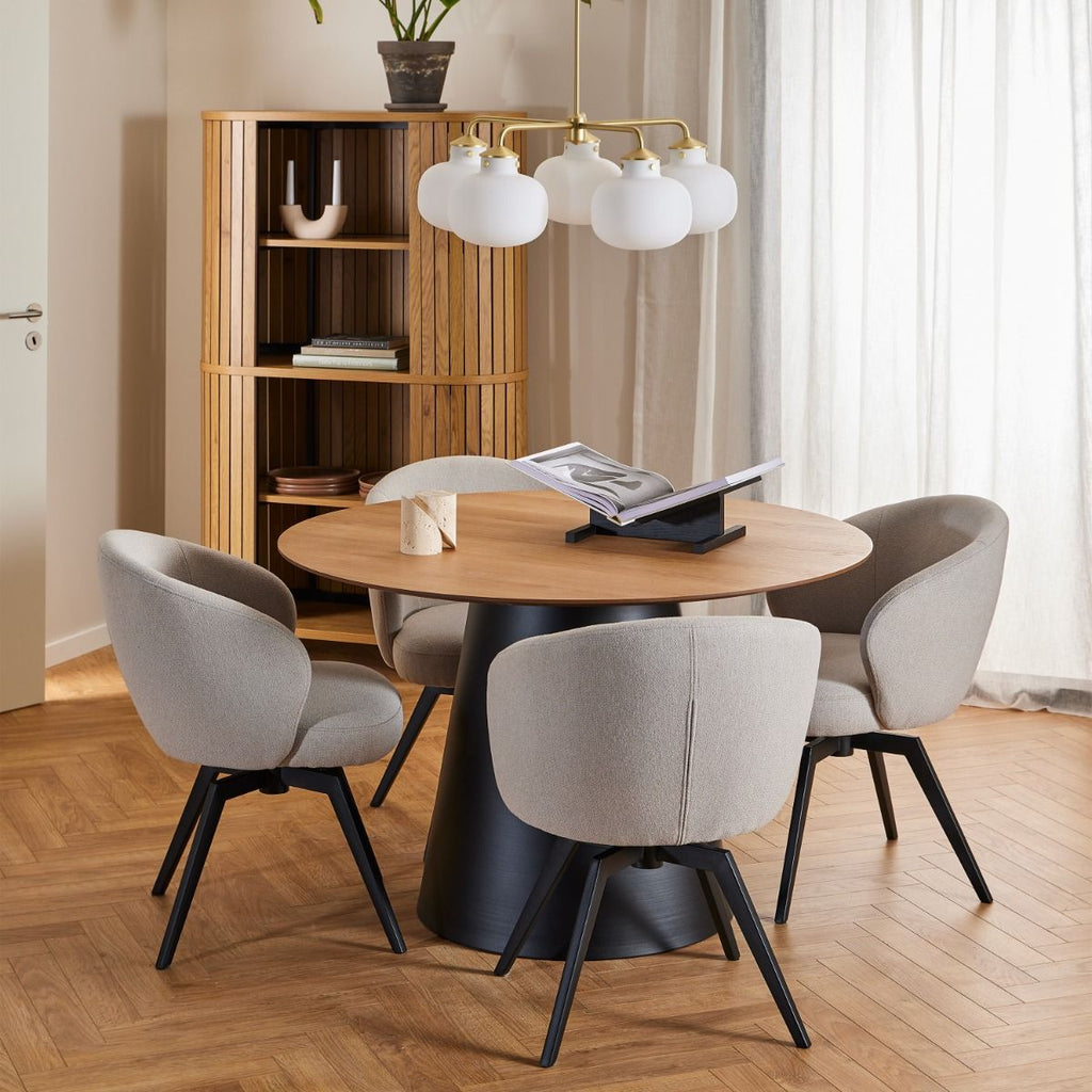 Soli Round Dining Table in Oak/Black 120x75cm includes 4 Darlene Dining Chair includes Armrest and Swivel Function in Beige