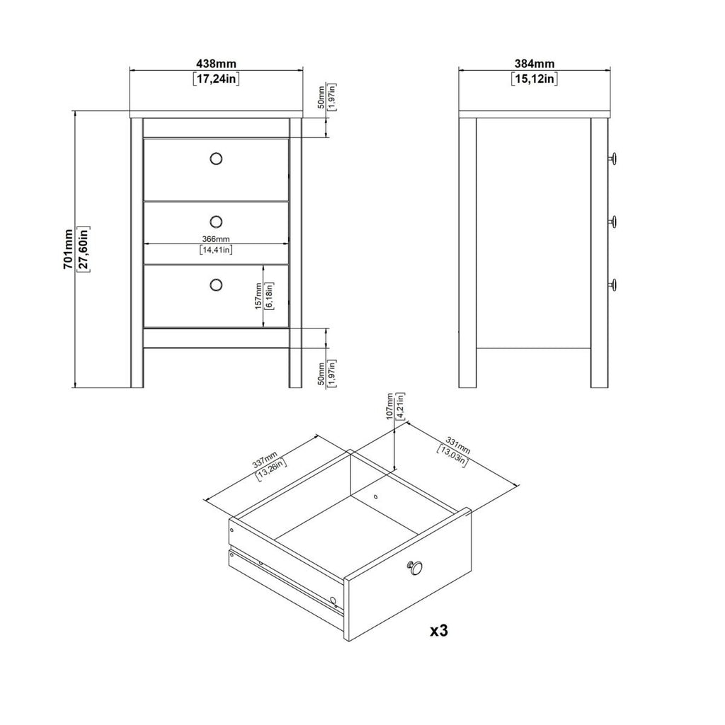 Barcelona Bedside Table 3 Drawers
