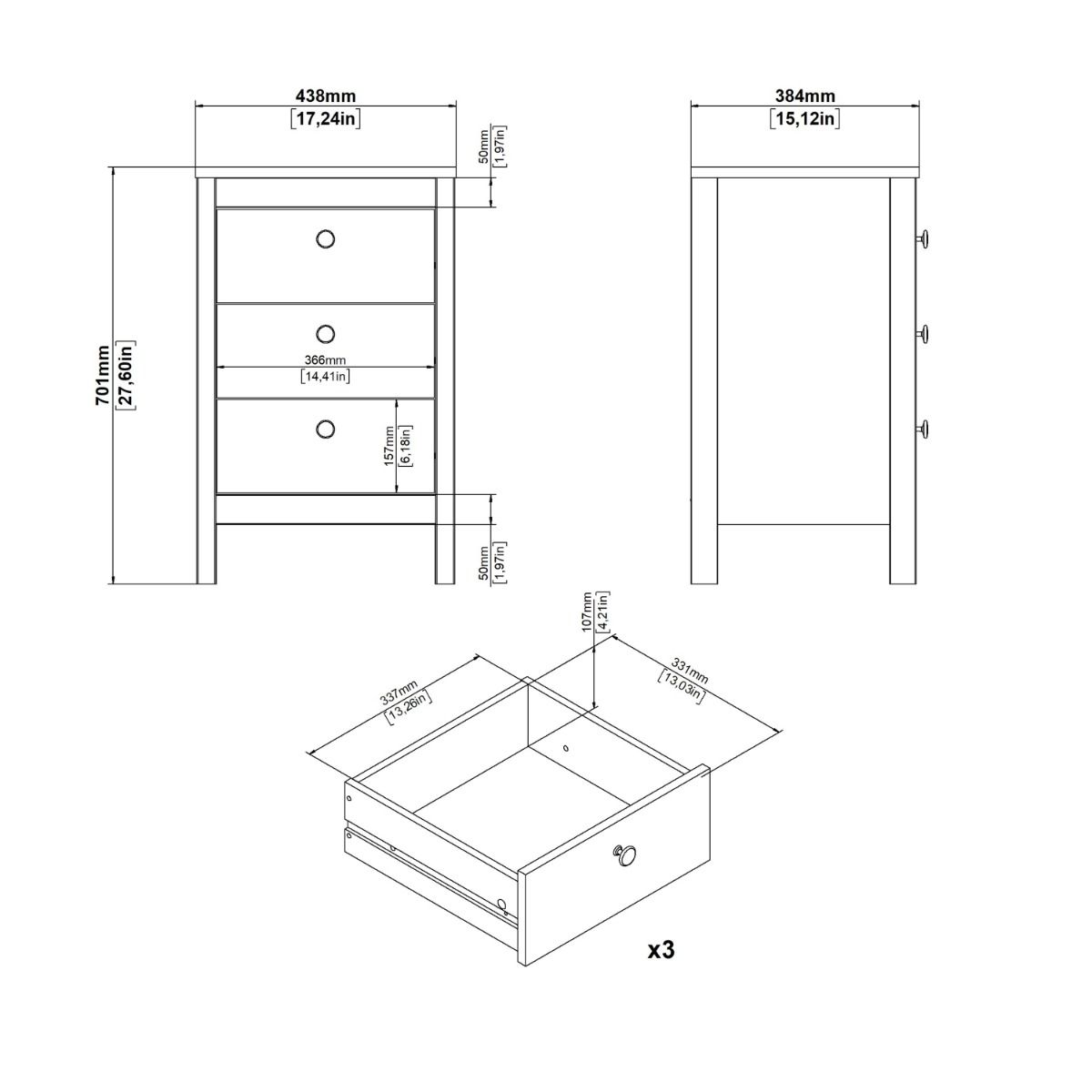 Barcelona Bedside Table 3 Drawers