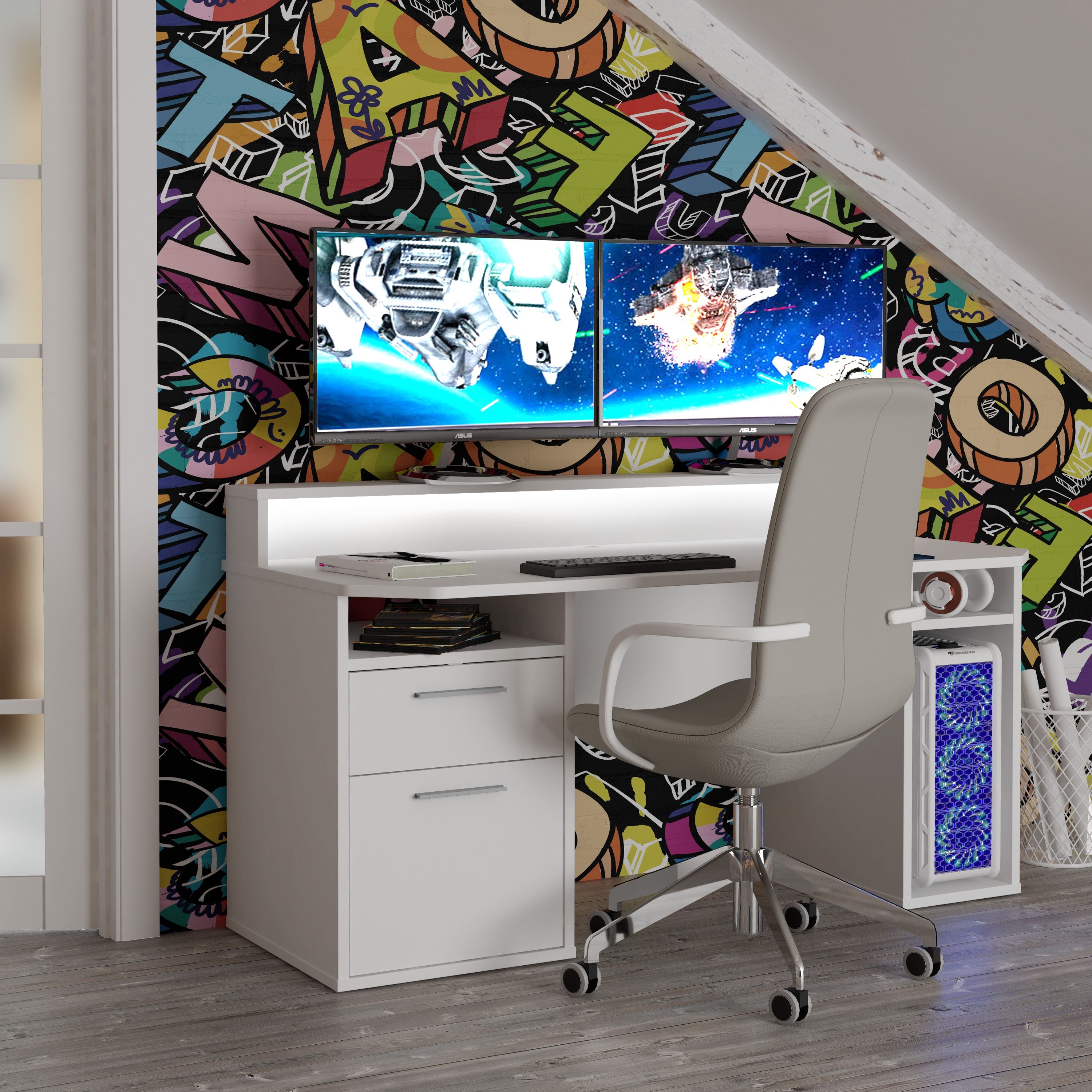 Tezaur White Gaming Desk 1 drawer and cupboard with Colour Changing LED (Copy)