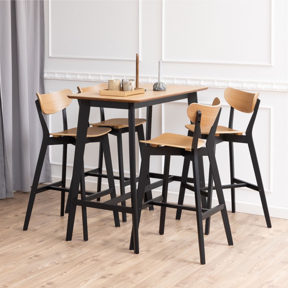 Roxby Bar Table includes 4 Roxby Bar Stool, Black and Oak