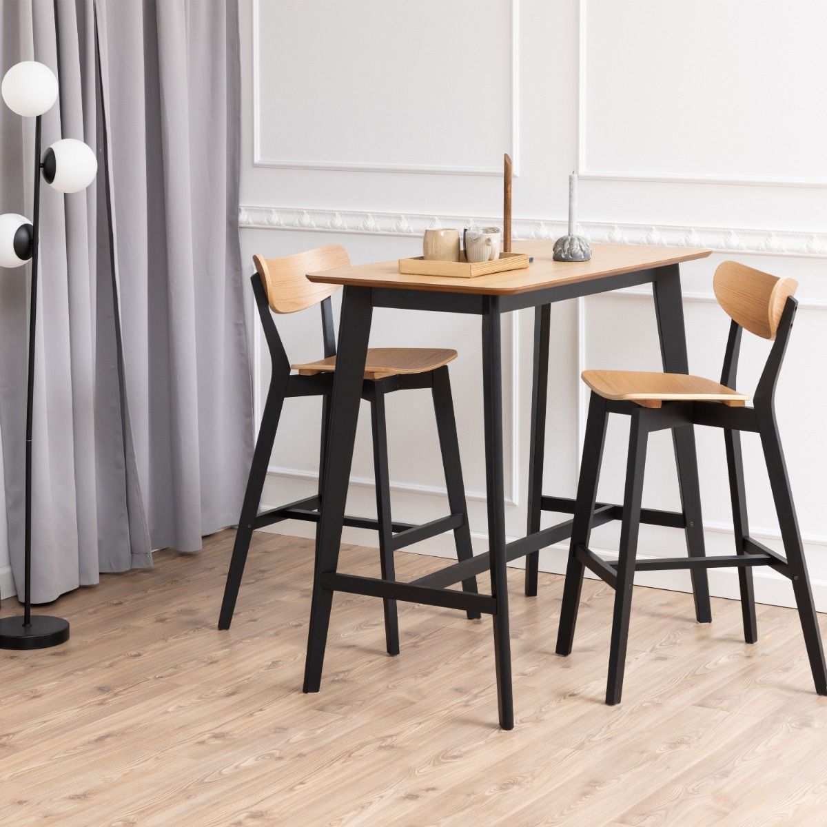Roxby Bar Table includes 2 Roxby Bar Stool, Black and Oak