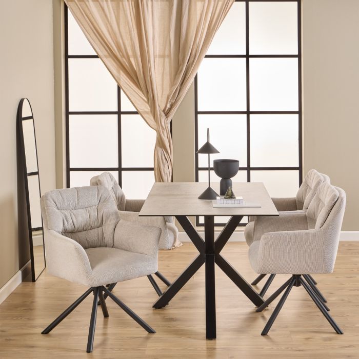Heaven Dining Table Ceramic White Top 135cm includes 4 Alonso Swivel Cream Dining Chairs includes Armrest