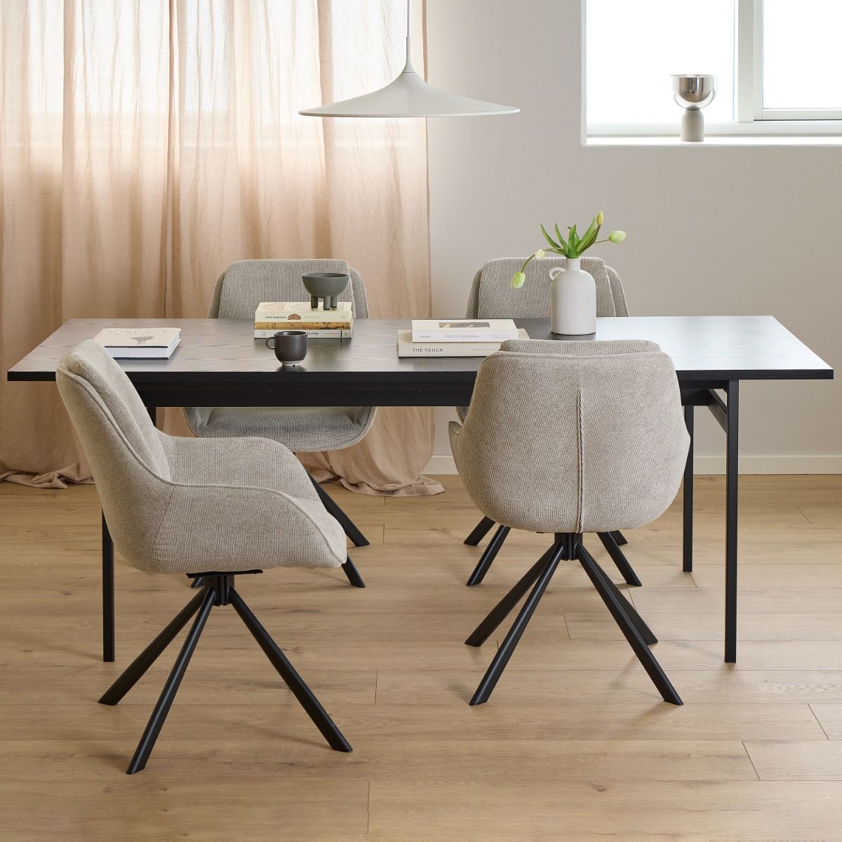 Angus Dining Table in Black includes 4 Carrie Swivel Dining Chair in Sand