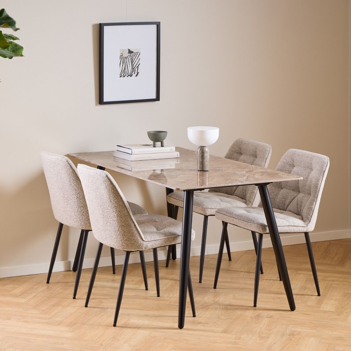 Wicklow Ceramic Dining Table Brown/Black 140x75cm includes 4 Brooke Dining Chair in Monza Beige