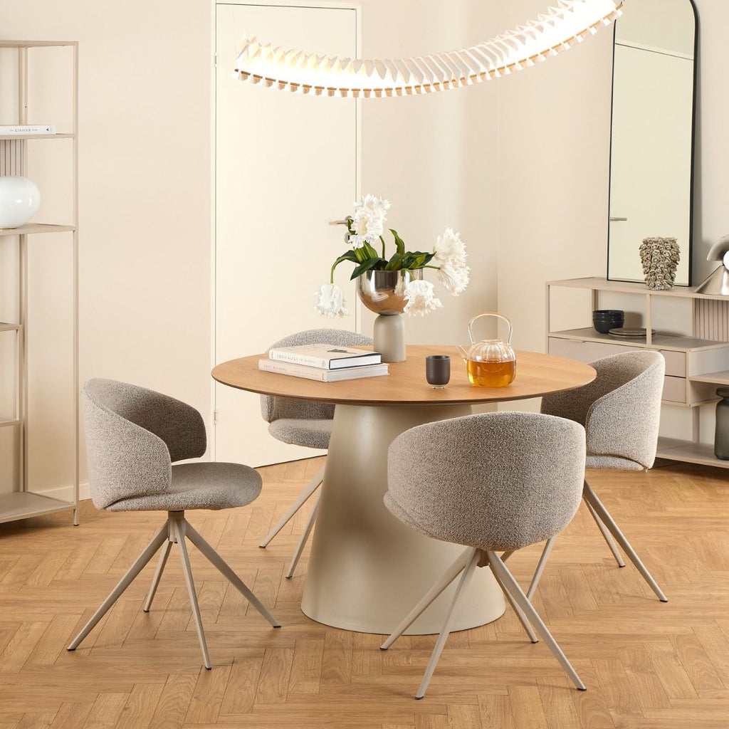 Soli Round Dining Table in Oak/Grey 120x75cm includes 4 Ella Swivel Beige Dining Chair