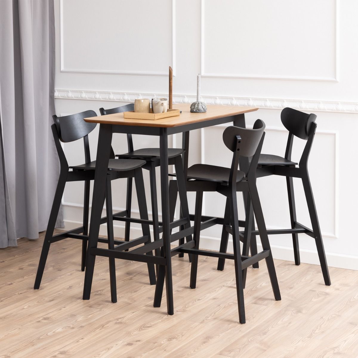 Roxby Bar Table in Black & Oak includes 4 Roxby Bar Stool in Black