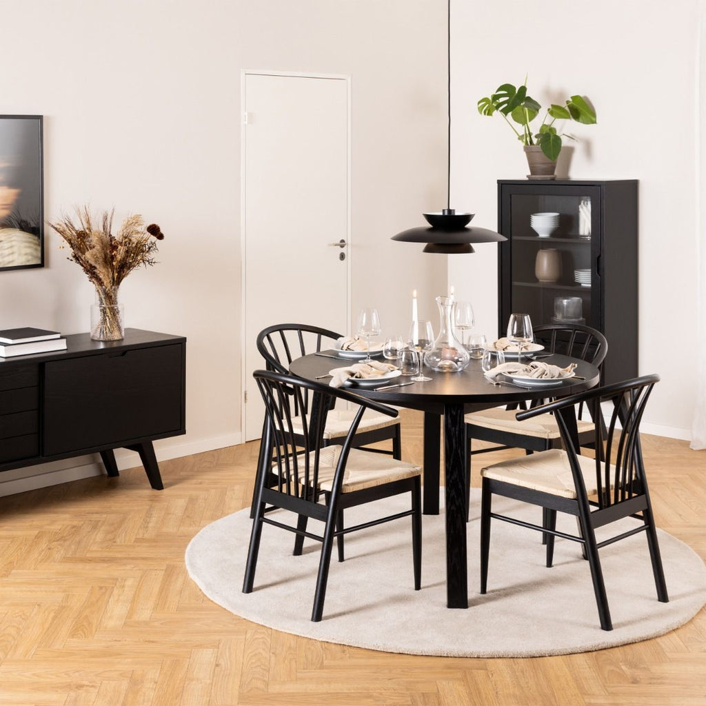 Montreux Round Extending Dining Table in Black 115-154 cm includes 4 Cassandra Dining Chair includes Armrest in Black