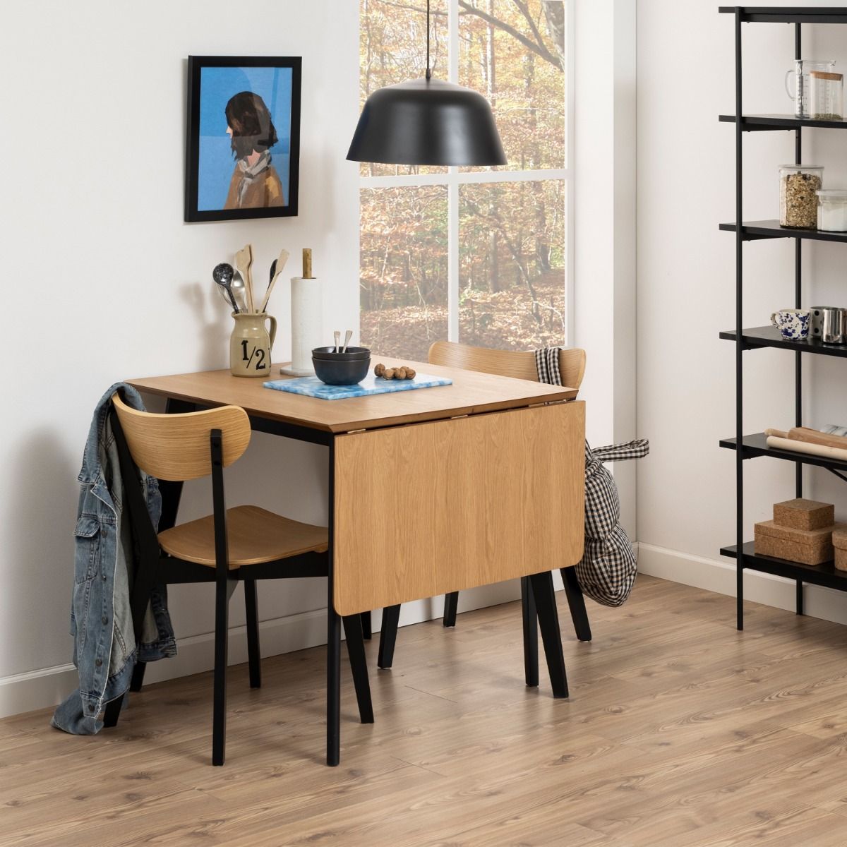 Roxby Extending Dining Table 80-120cm in Oak & Black includes 2 Roxby Dining Chairs in Black and Oak
